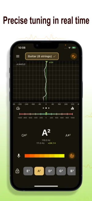 Fine Tuner iOS interface showing precise tuning with frequency display and needle indicator