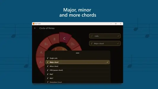 Fine Tuner interface showing precise tuning with frequency display and needle indicator