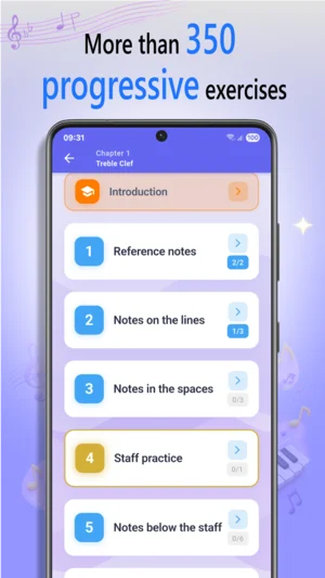 NoteRider statistics screen showing detailed results by note and clef