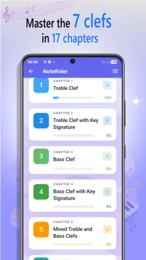 NoteRider Android clef selection screen with treble, bass and C clefs