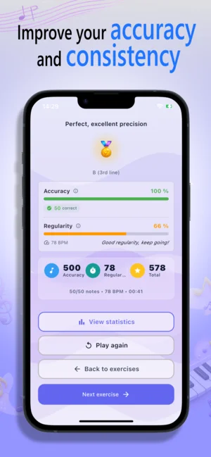 NoteRider iOS screenshot showing practice modes and exercise options