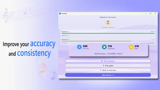 NoteRider Windows screenshot showing input modes and practice options